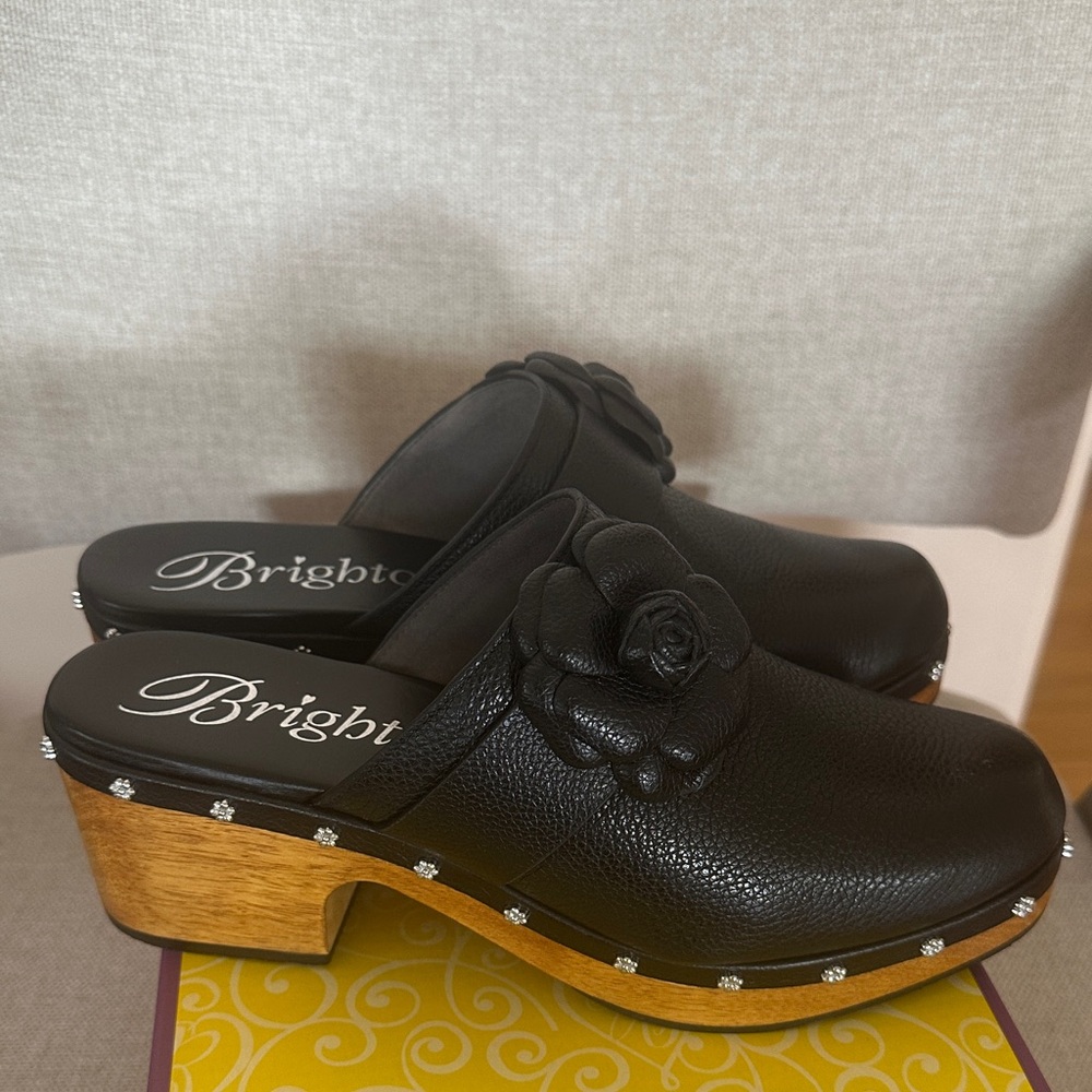 Brighton Black Leather Floral Slip-On Mules